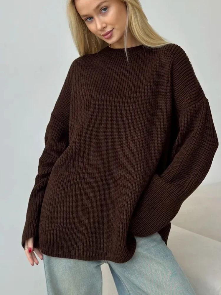 Tossy Casual Knit Round Neck Pullover Female Clothes Loose Long Sleeves Solid Ribbed Patchwork Knitwear Women Sweater Pullover