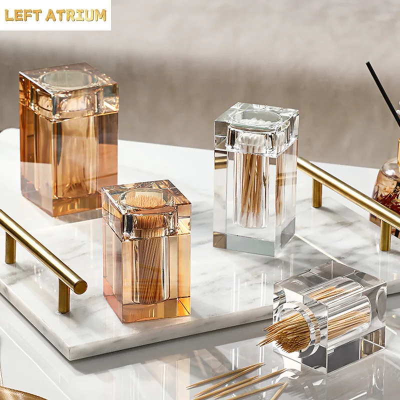 Luxury Crystal Glass Toothpick Box Barrel Home Dining Table Hotel Cotton Swab Dental Floss Storage Box Jar Clear Glass Container