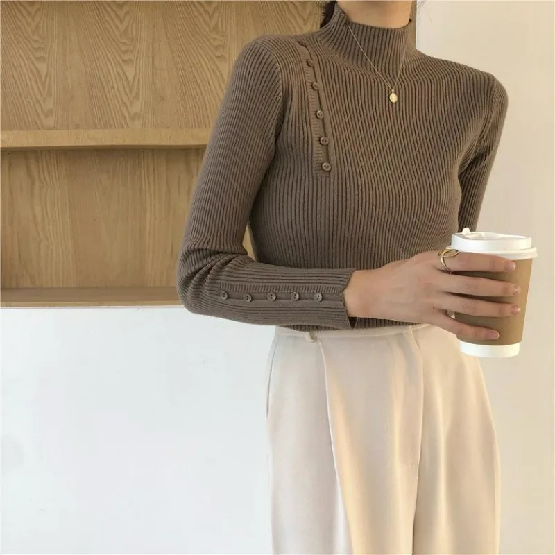 

Women Korean Fashion Half High Collar Solid Basic Knittd Sweater Autumn Winter Elegant Long Sleeve Slim Fit Pullover Tops Jumper