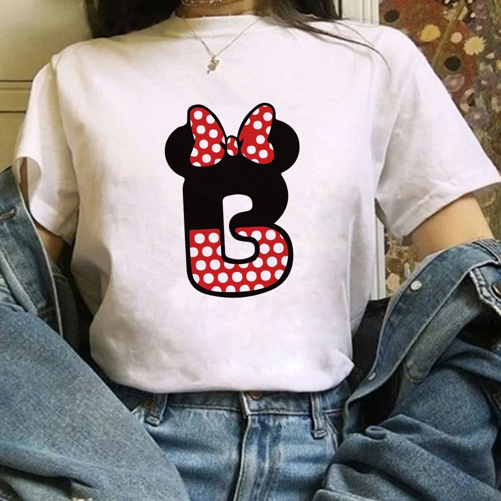 ديزني الكرتون Kawaii ميكي ماوس رسالة الرسومات الإناث تي شيرت الصيف بلوزة فضفاضة الأبيض س الرقبة قصيرة الأكمام تيز امرأة بلايز