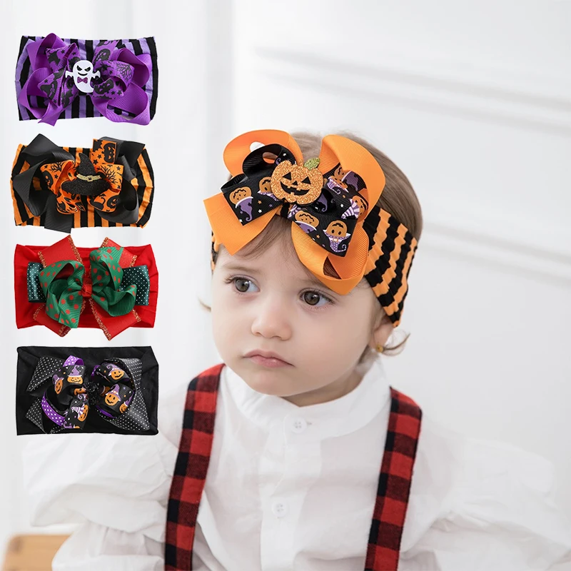 Baby Headband Halloween Witch Hat Pumpkin Hair Accessories Cute Bow Newborn Elastic Headwear Toddler Kids Holiday Party Props