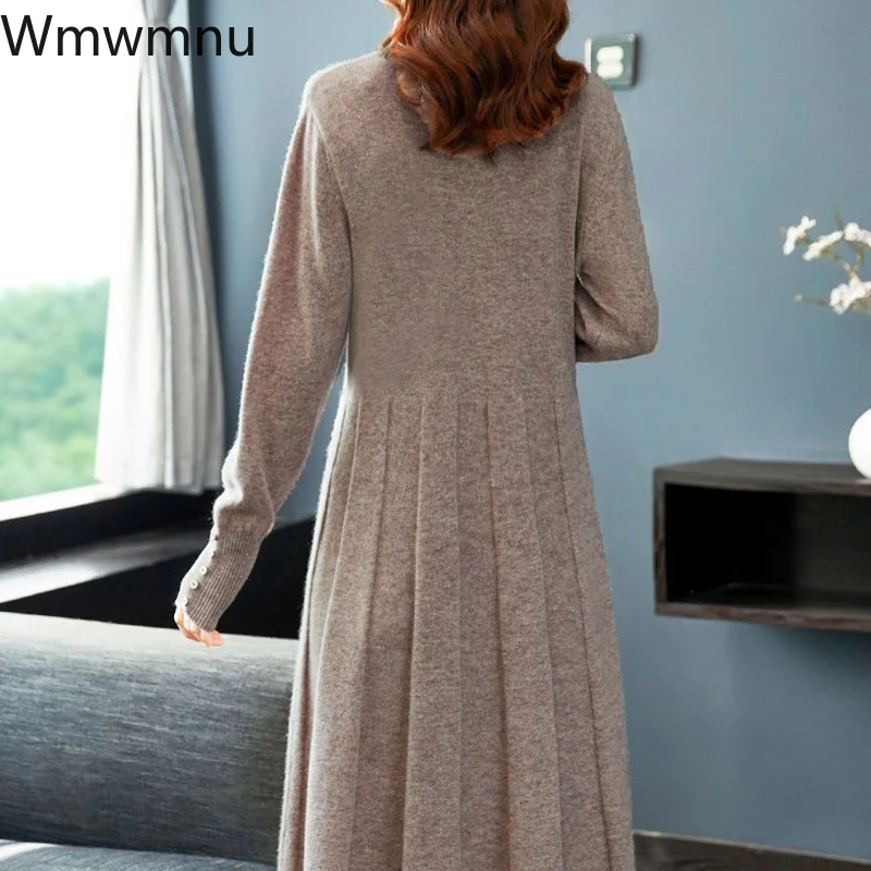 Robe mi-longue à demi-col roulé avec manches longues pour femmes, tricots optiques, robe pull éducative, robes d\'automne, 5XL