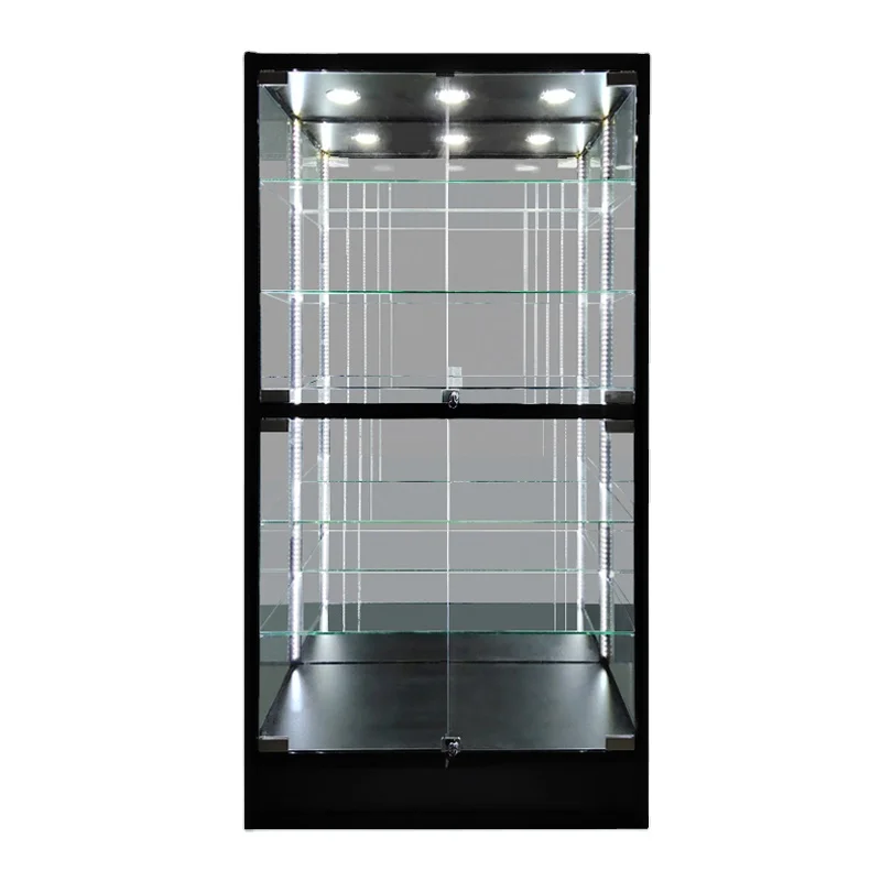 

custom.KEWAY Aluminum Alloy Cabinet LED Lighting Lockable LED Mirror Black Full Glass Display Showcase