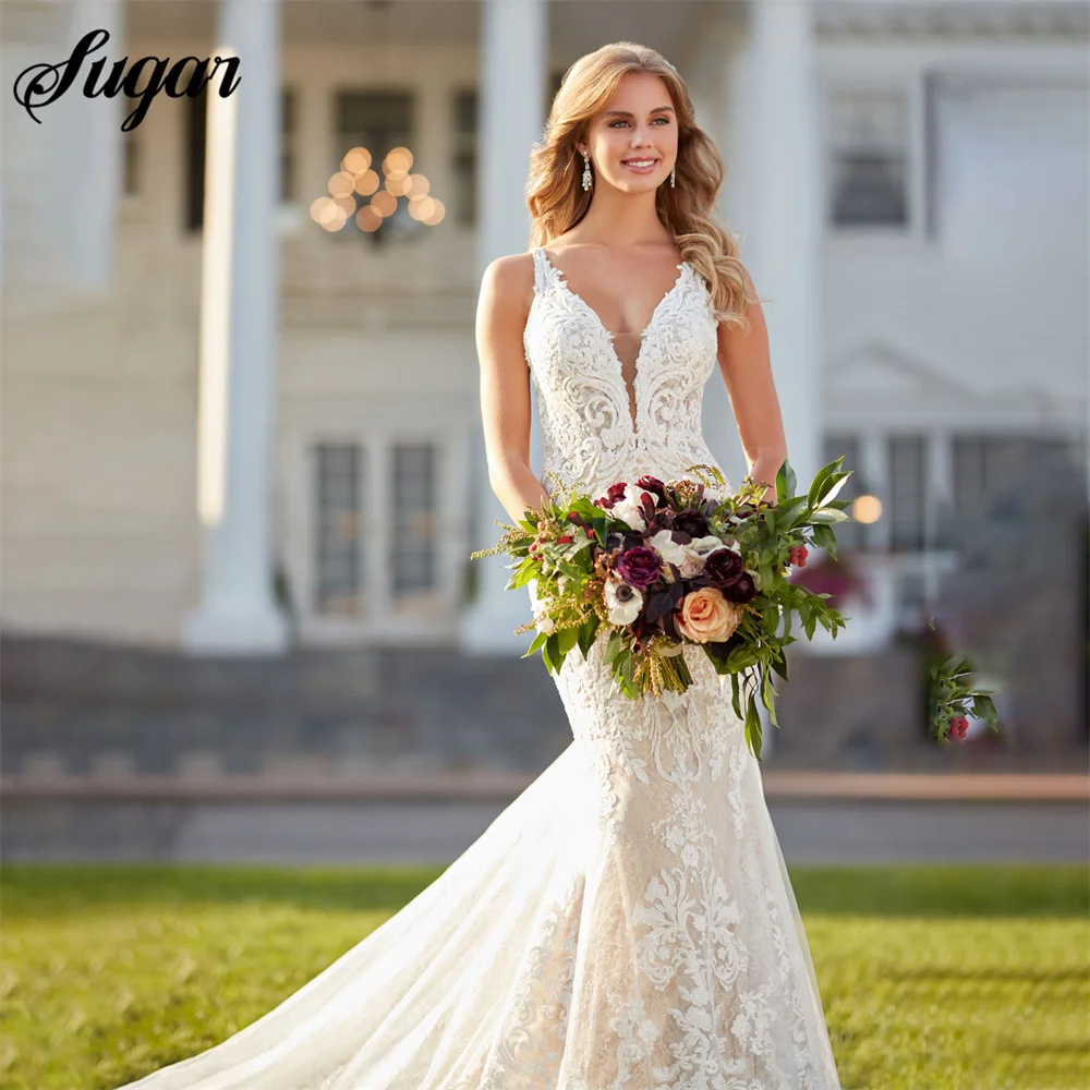 Robe de mariée sirène en dentelle, bretelles Spaghetti, col en V, taille sur mesure, Sexy