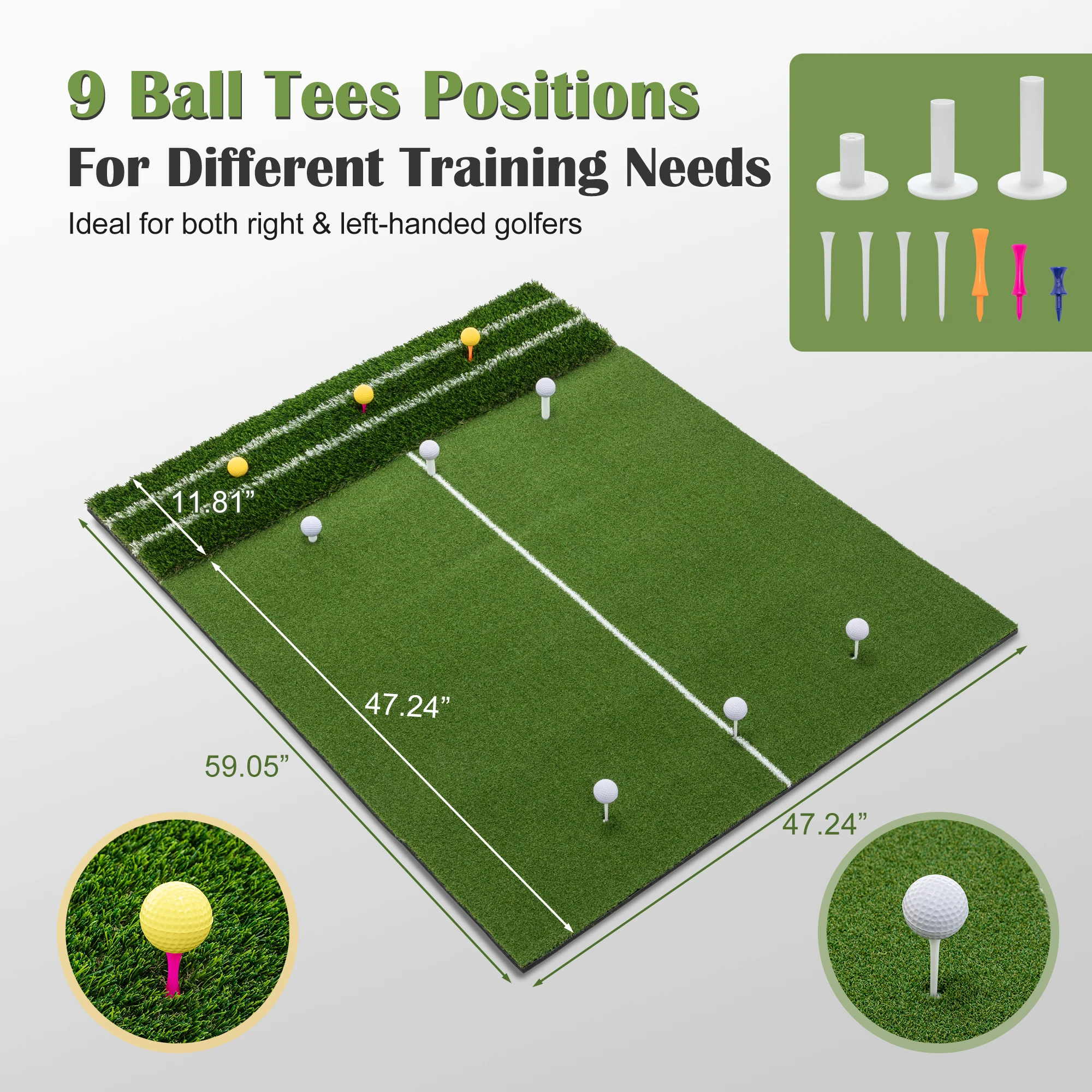Golf Hitting Mat 5x4ft Guide Line 9 Tee Positions Heavy Duty Swing Turf Indoor Outdoor Backyard Garage Includes Balls Tees Strap