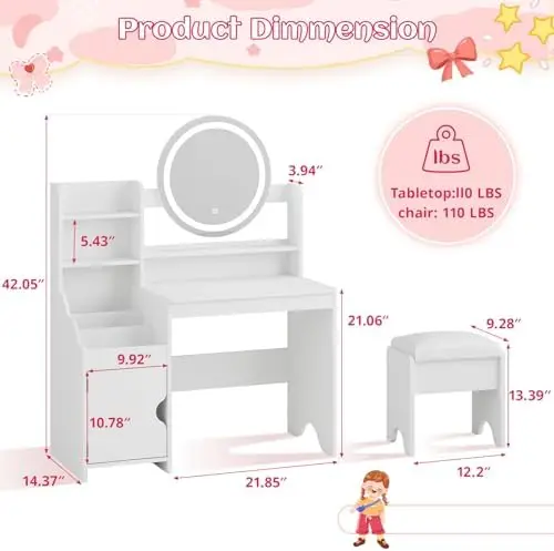 Kids Vanity with Lights, Princess Makeup Vanity Desk with Open Bookshelf, Storage Cabinet & Shelves, Toddler Vanity