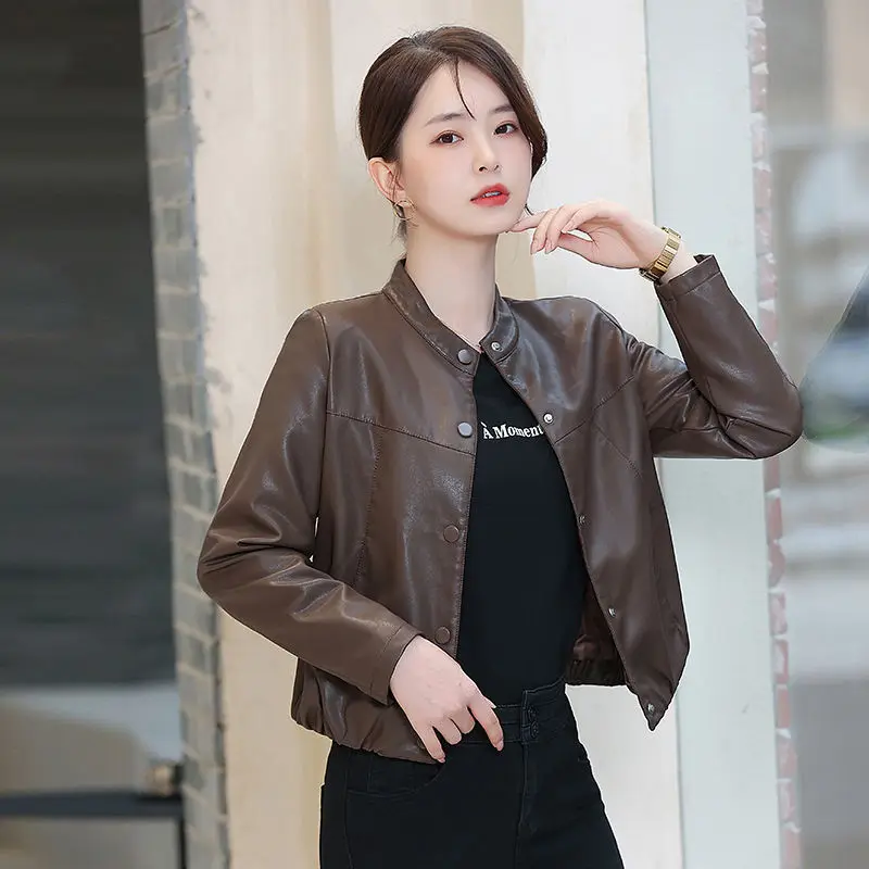 Loose Skinny Leather Jacket Women\'s Short Jacket 2023 Spring And Autumn New Korean Casual PU Leather Jacket Female Outwear Black