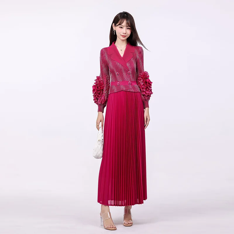 

Miyake Fold 2025 Autumn Spring Fashion New Style Fold Gold Plated Collar with Western Style Petal Sleeves Women's Loose Dress