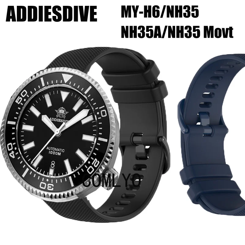 For ADDIESDIVE NH35 MY-H6 NH35A Movt Men's watch Strap Soft Silicone Belt 20mm 22mm Accessories