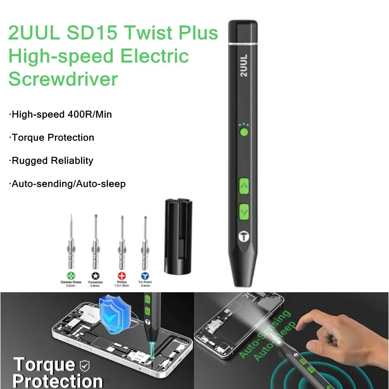 

Электрическая отвертка 2UUL SD15 TWIST PLUS для телефона с защитой крутящего момента, магнитной головкой, светодиодной подсветкой и ремонтом зарядки типа C