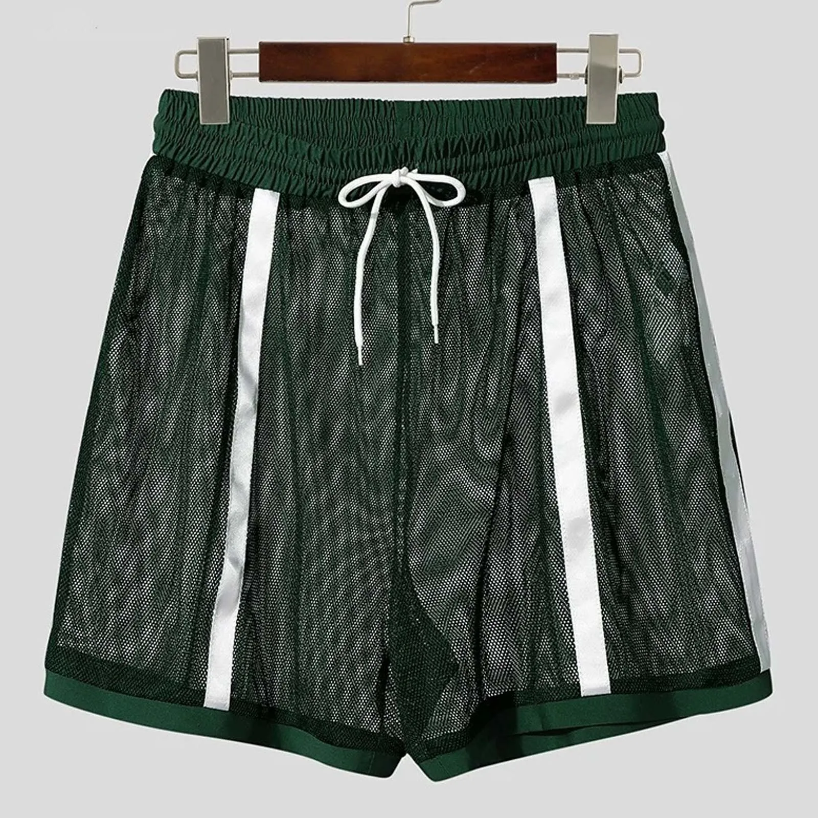 Men Stretchy Hollow Out Mesh Shorts Drawstring Elastic Waistband Color Block Stripes Breathable Lightweight Quick Dry Running