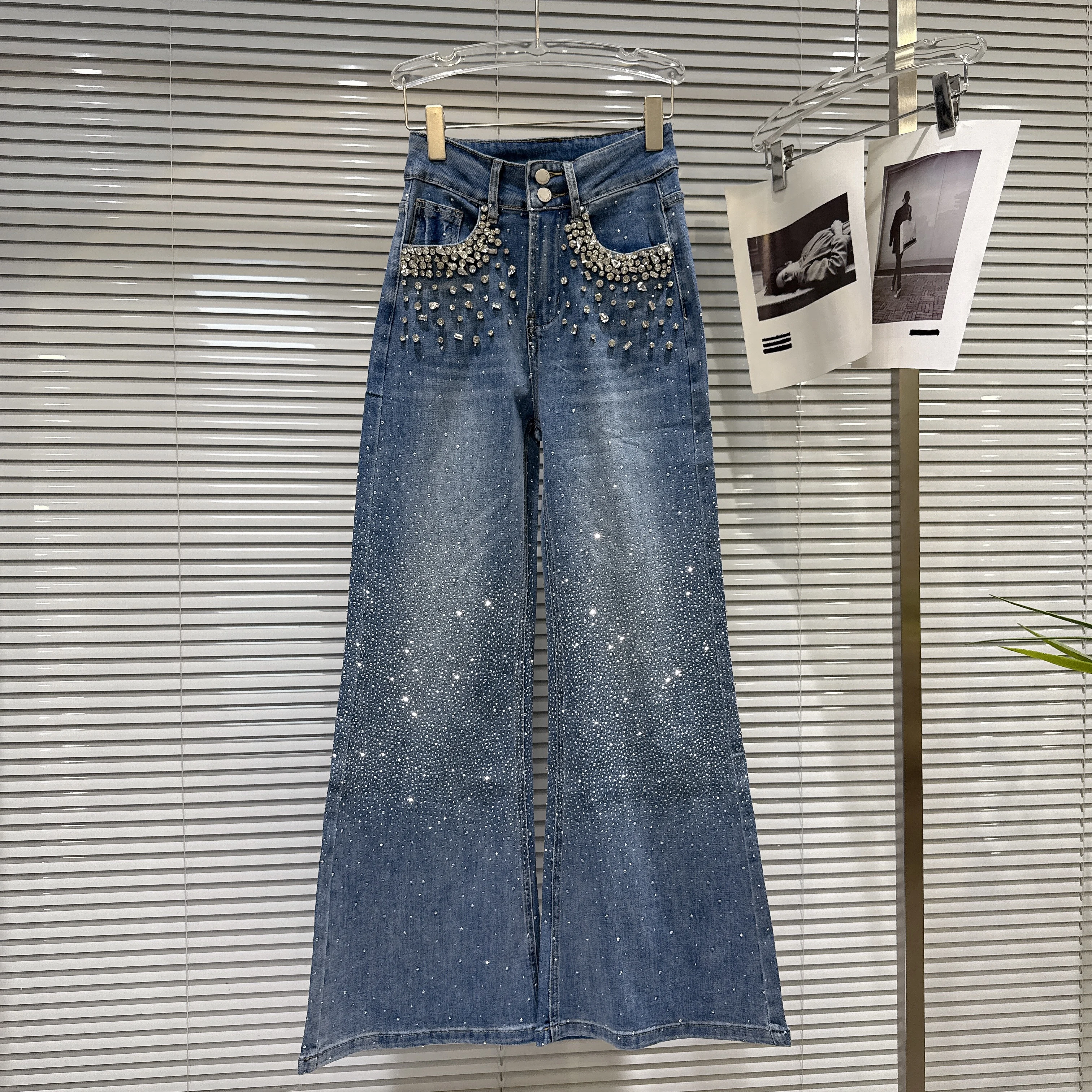 

2026 Spring New Heavy Industry Cool Spicy Hot Drill Starry Sky Washed Wide-Leg Pants, Long Blue Jeans for Women