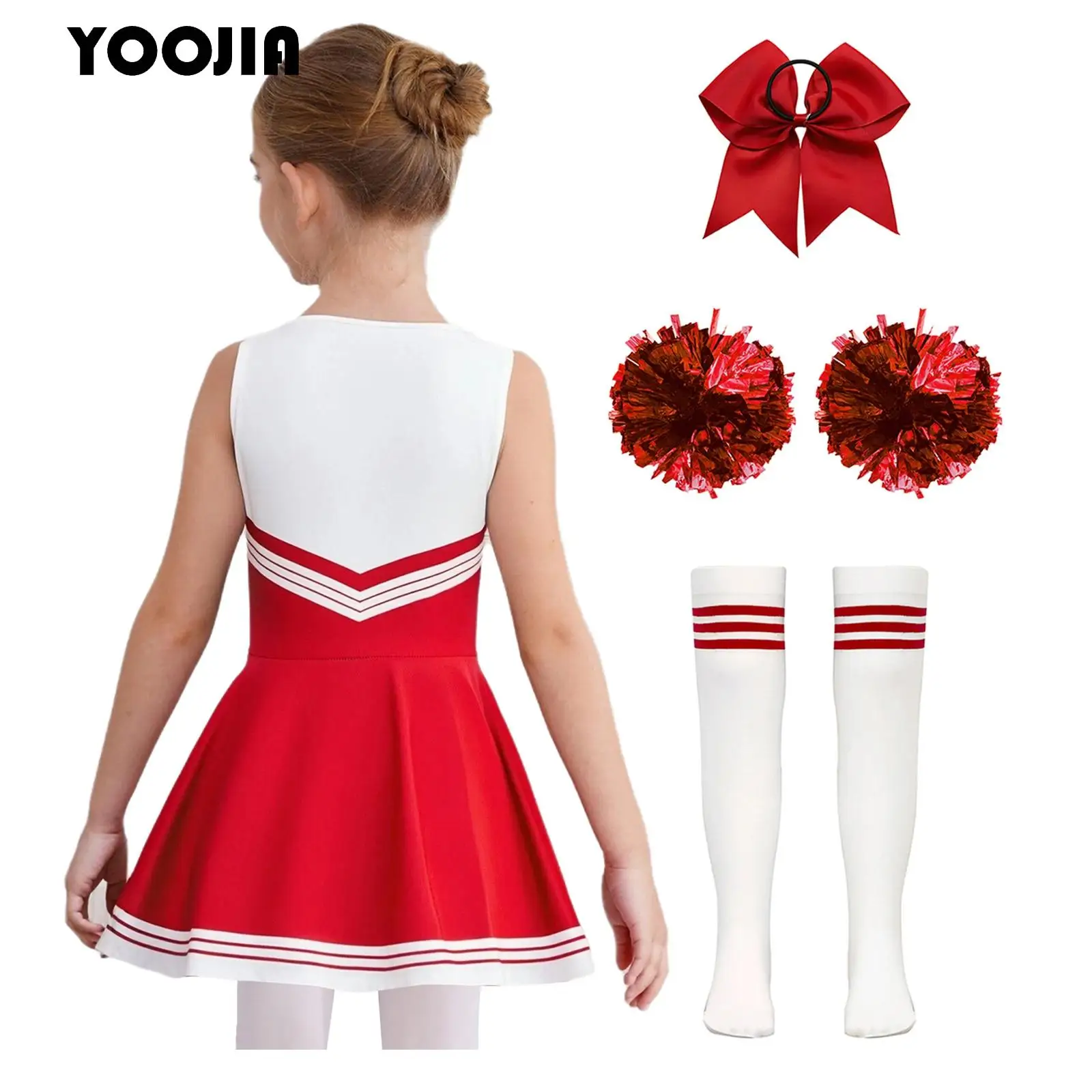 

Girls Cheerleader Costume Cheerleading Uniform Letter Print Dress with Headwear Hand Flowers And Stripe Socks Cheerleader Outfit