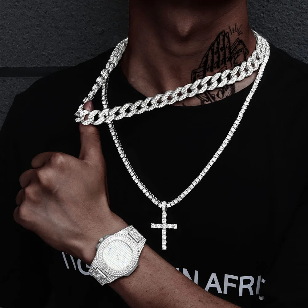 

Men Hip-hop Punk Watch Set Silver Stylish Iced Out Inlaid Diamonds Quartz Watch+Cuban Chain+Cross Pendant Necklace Jewelry Gift