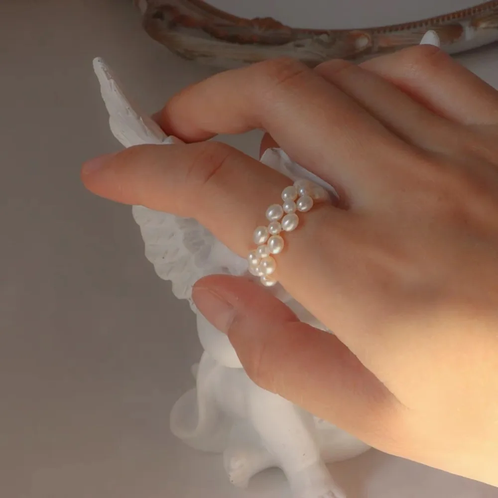 خاتم لؤلؤ على الطراز الفرنسي قابل للتعديل مطلي بالذهب مجوهرات أنيقة بسيطة للنساء #2