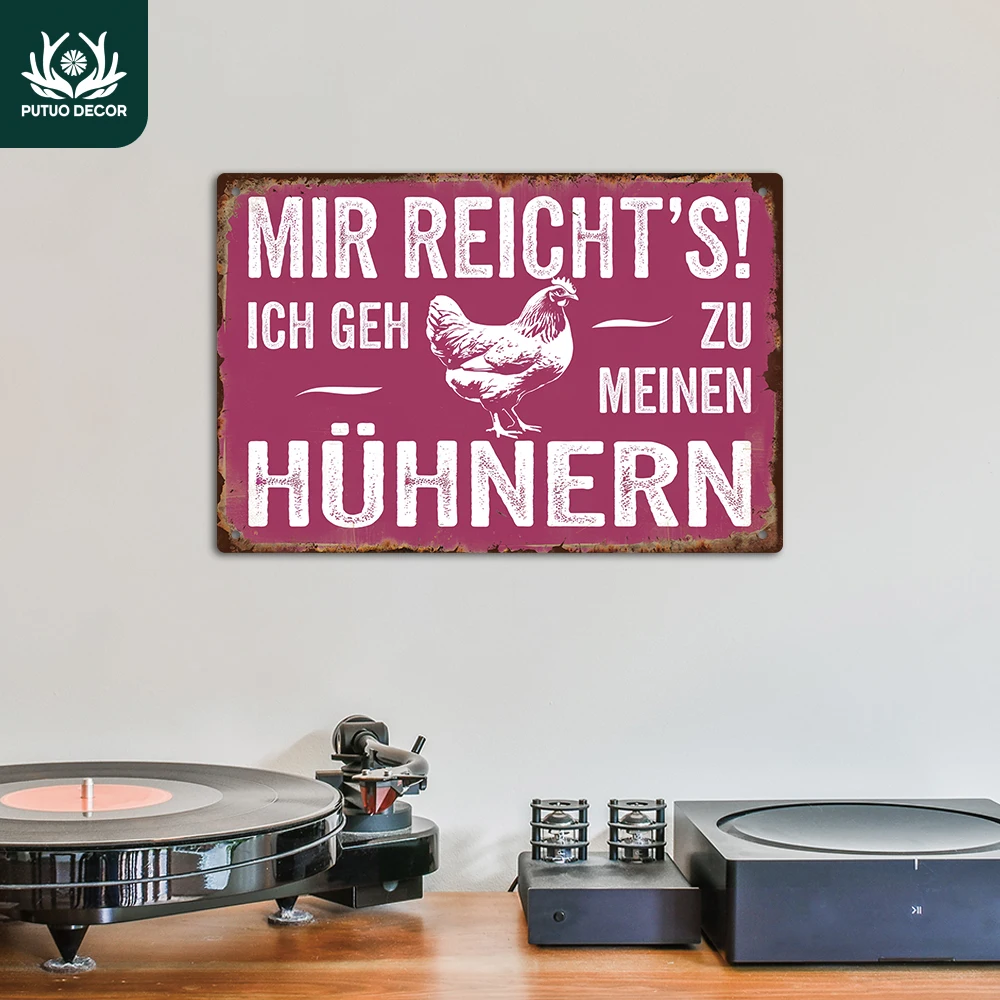 2D Flaches Putuo Dekor 1 Stück Deutsches Vintage Metall Blechschild, Ich geh zu meinen Hühnern, Wandkunst Dekoration für Zuhause Hühnerstall, Geschenk