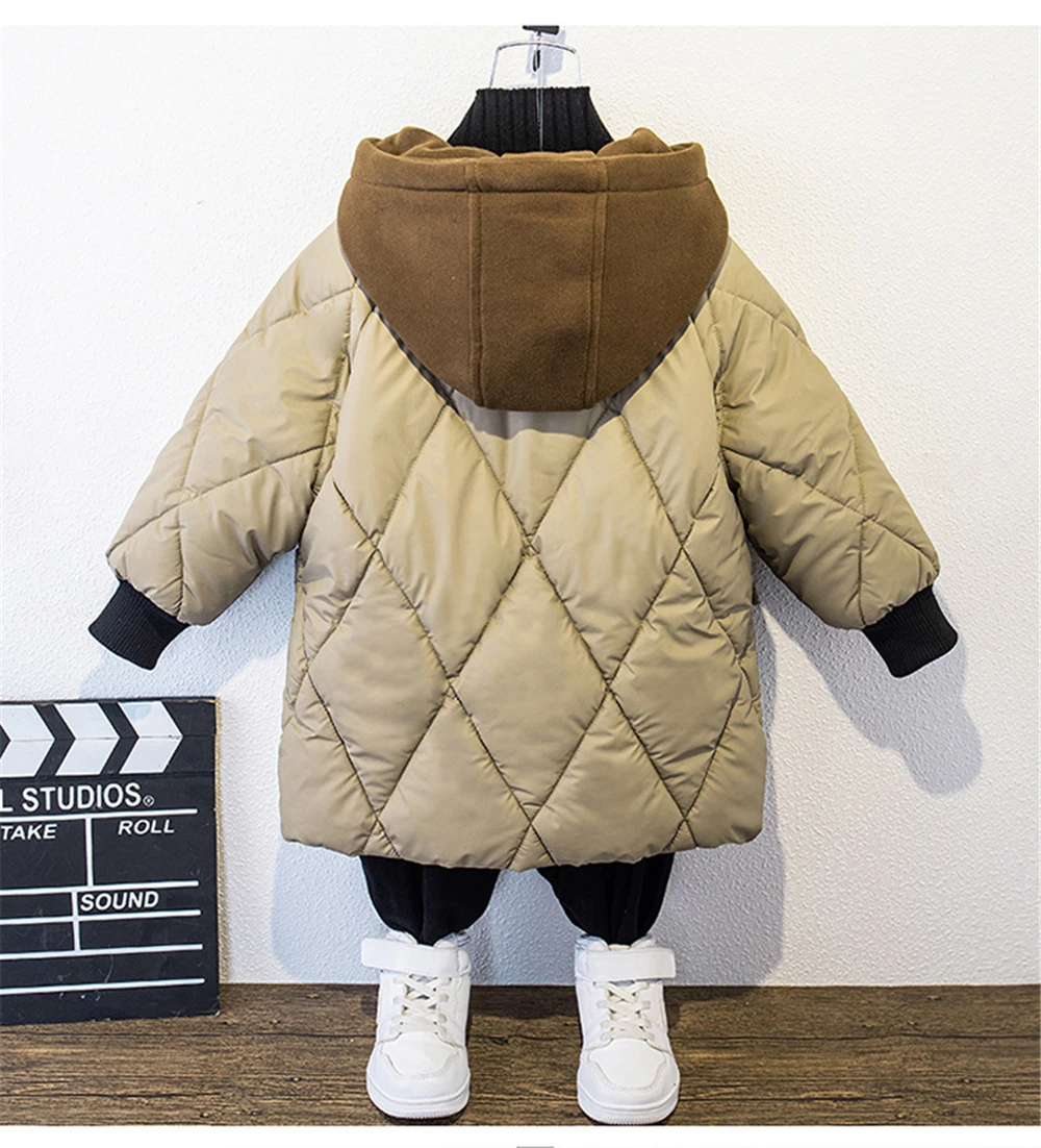 2-14Y coreano moda ragazzi cappotto inverno bambini kaki giacca nera addensare piumino caldo bambino bambini cerniera capispalla con cappuccio