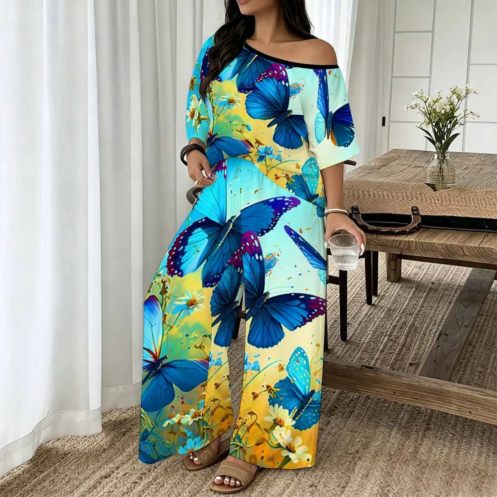 Plus Size Women Casual Print Two Piece Set Round Neck Sloping Shoulders  Short Sleeved Top Clothes Beach Vacation Sweatpants