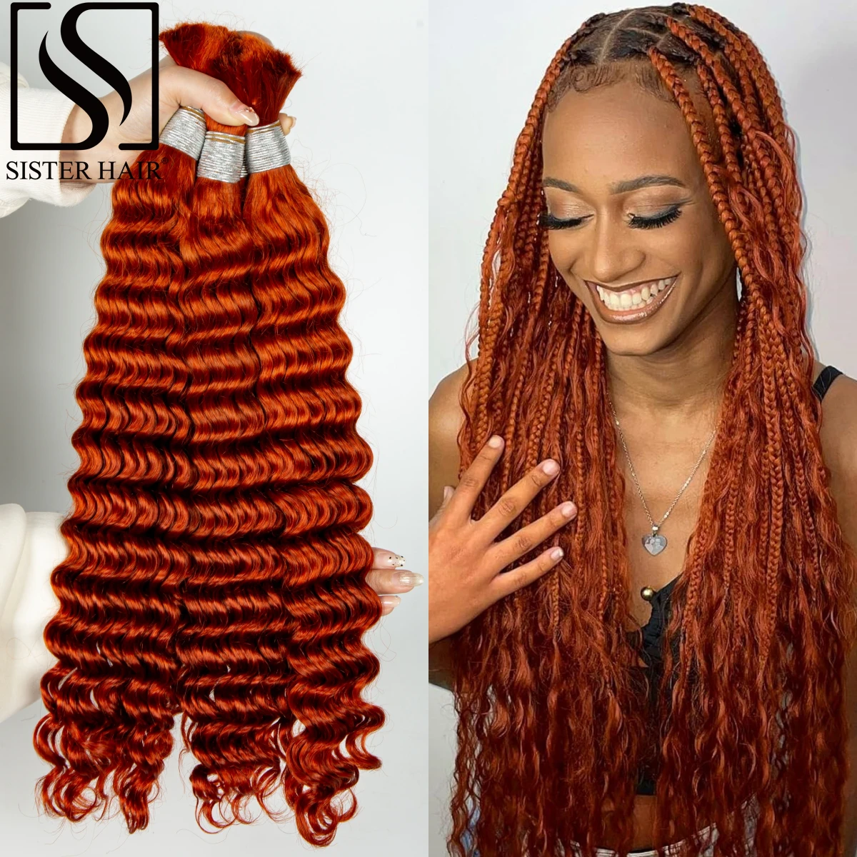 

26 28 Inch 100% Human Hair Deep Wave Ginger Orange Bulk for Black Woman No Weft Brazilian Hair Bundle For Boho Braids Extensions