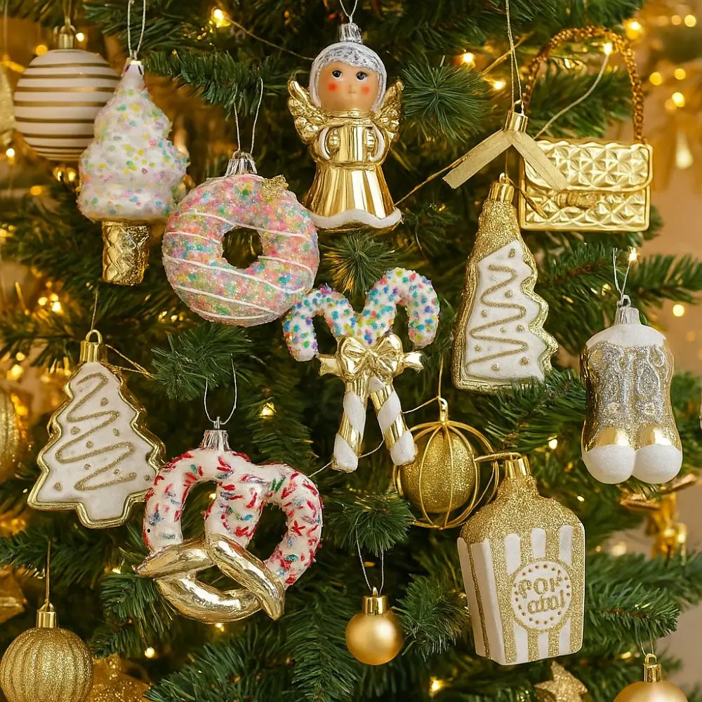 

Shiny Gold Christmas Tree Pendant Cane Candy Snowman Merry Christmas Decor Plastic Shatterproof Santa Claus Hanging Ornaments