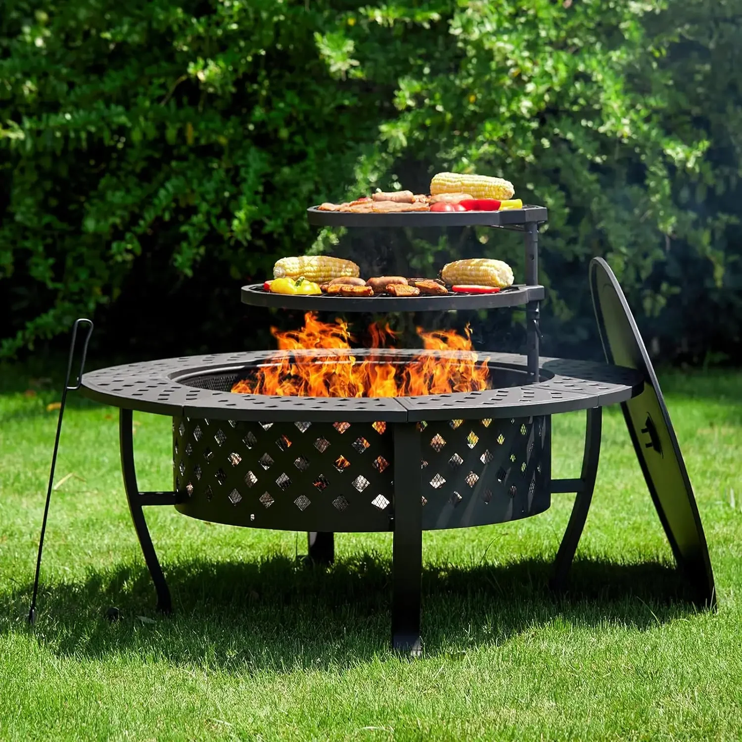 

36 Inch Outdoor Fire Pit with 2 Grill, Wood Burning Firepit for Outside with Lid/Fire Poker, Extra Large Heavy Duty Metal Round