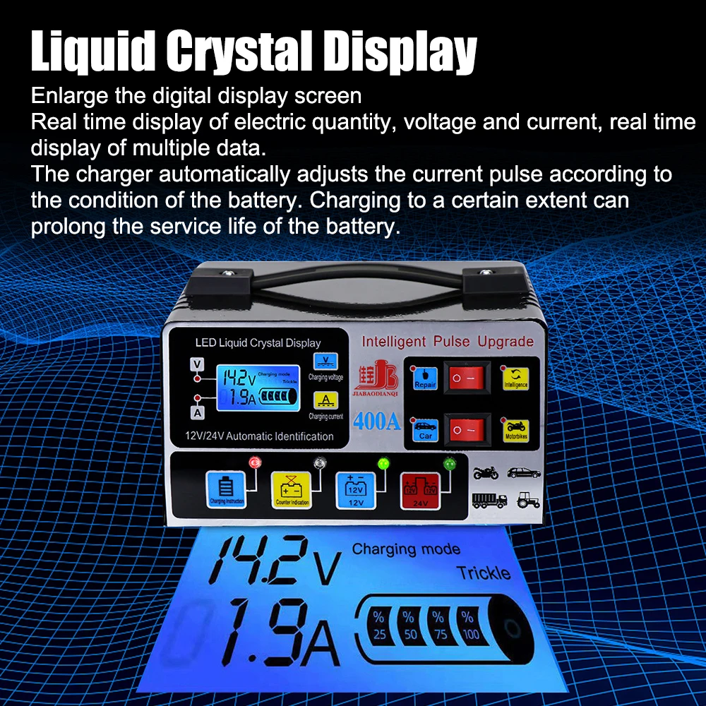 Hochfrequenz-Hochleistungs-Impulsreparatur EU-Stecker Intelligentes 12V/24V 220W Autobatterie-Ladegerät LCD-Display Vollautomatisch – Detail 4