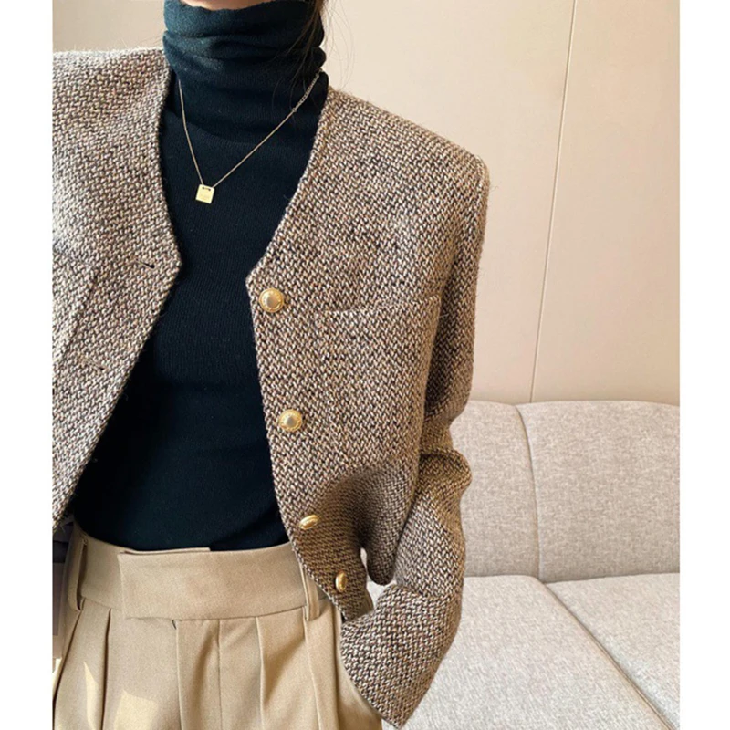 Elegant Tweed Cropped Jackets Woman Korean Fashion V Neck Pockets Coats Women Fall Luxury Single Breasted Outwear Clothes Tops