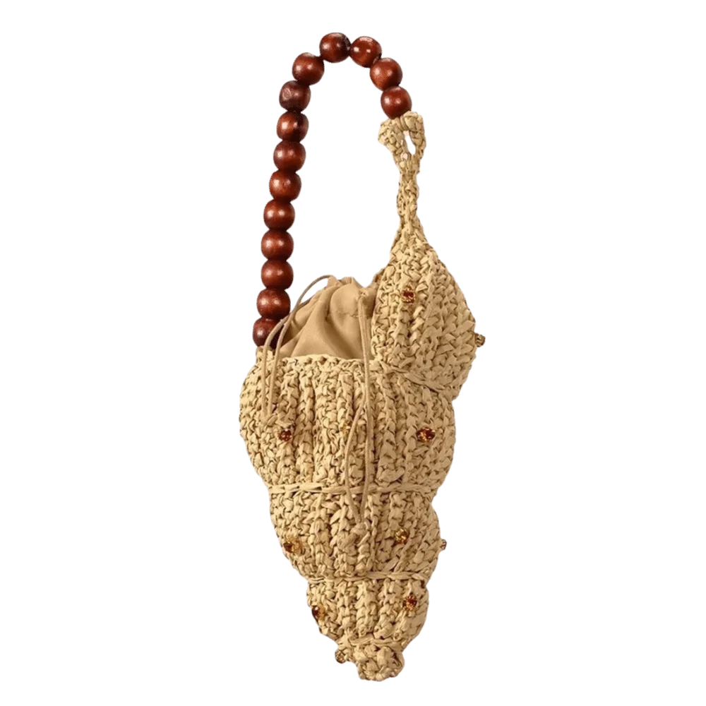 Pastoral Style Wood Woven Handbag Beading Strap Large Capacity Rhinestone-Inlaid Conch Bag Lightweight Cute Straw Bag Beach