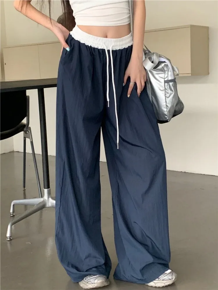 Quick-drying Loose Casual Straight-leg Pants Women's Elastic Waist Wide-leg Pants Spring Summer Full Length Solid Trousers Women