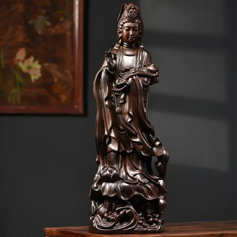 Immagine 5: Statua di Guanyin Bodhisattva FX-18 Nanhai, Ornamento in Legno di Palissandro Intagliato, Statua di Guanyin Bodhisattva con Ruyi