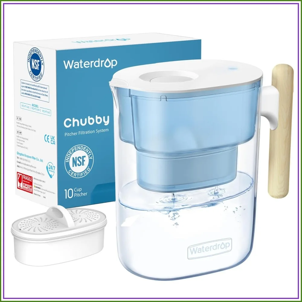 

10-Cup Water Filter Pitcher, NSF Certified, 200-Gallon Long-Life Filter, Reduces PFOA/PFOS & Chlorine, BPA-Free, Wooden Handle