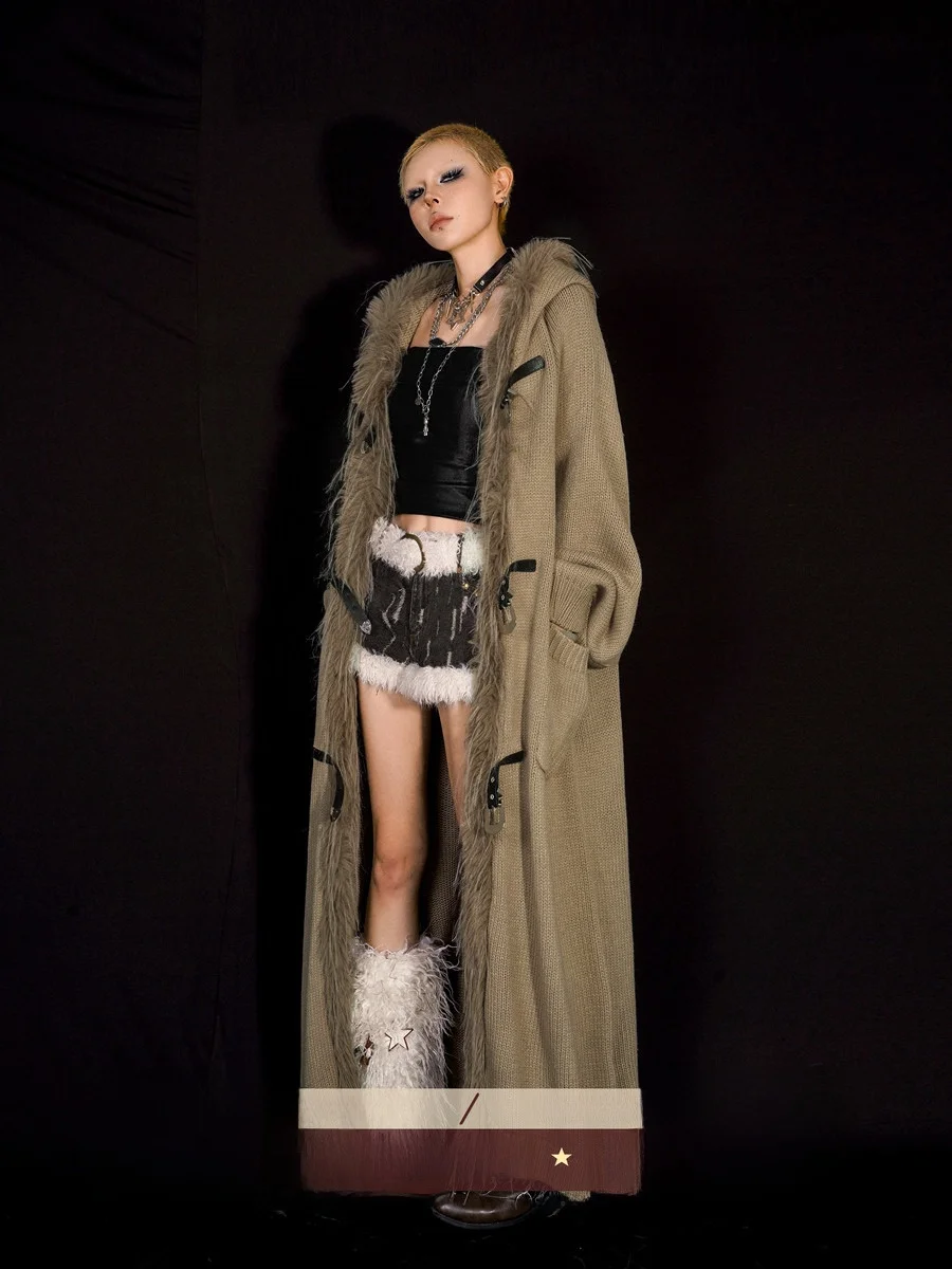 

NICO MOLLY Loose Knitted Cardigan Coat with Fur Collar American Lazy Sle Medium Length Knitted Splicing Open Cardigan Jaet