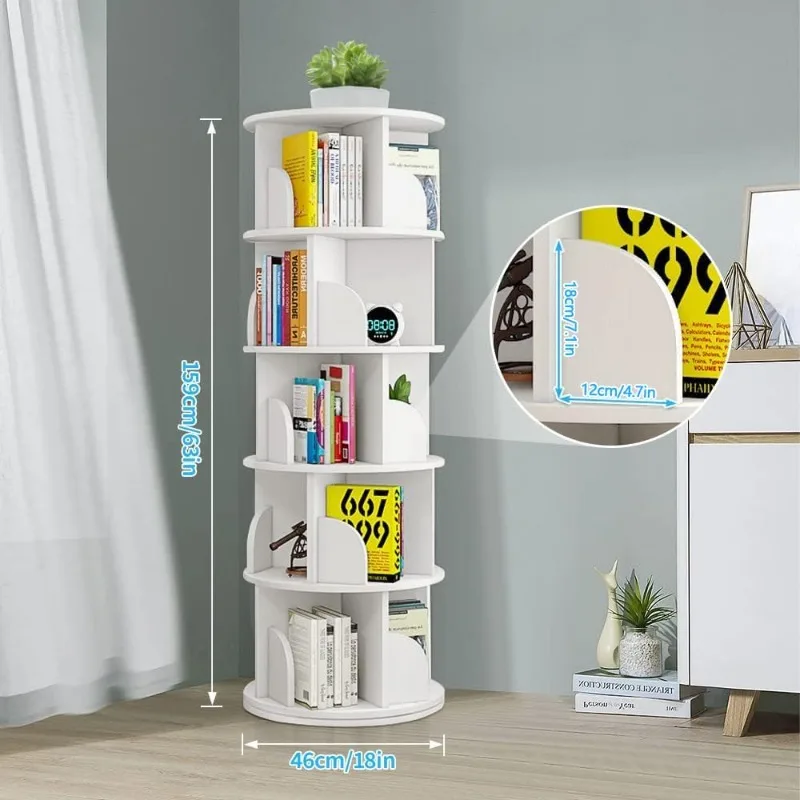 5-layer rotating bookshelf, 360° rotating bookcase rotating stackable shelves floor storage display rack