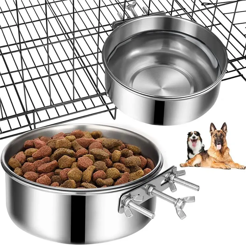 Juego de 2 tazones para perros, tazón de acero inoxidable para comida y agua, tazones colgantes para jaula, jaula o caseta, antideslizantes y duraderos