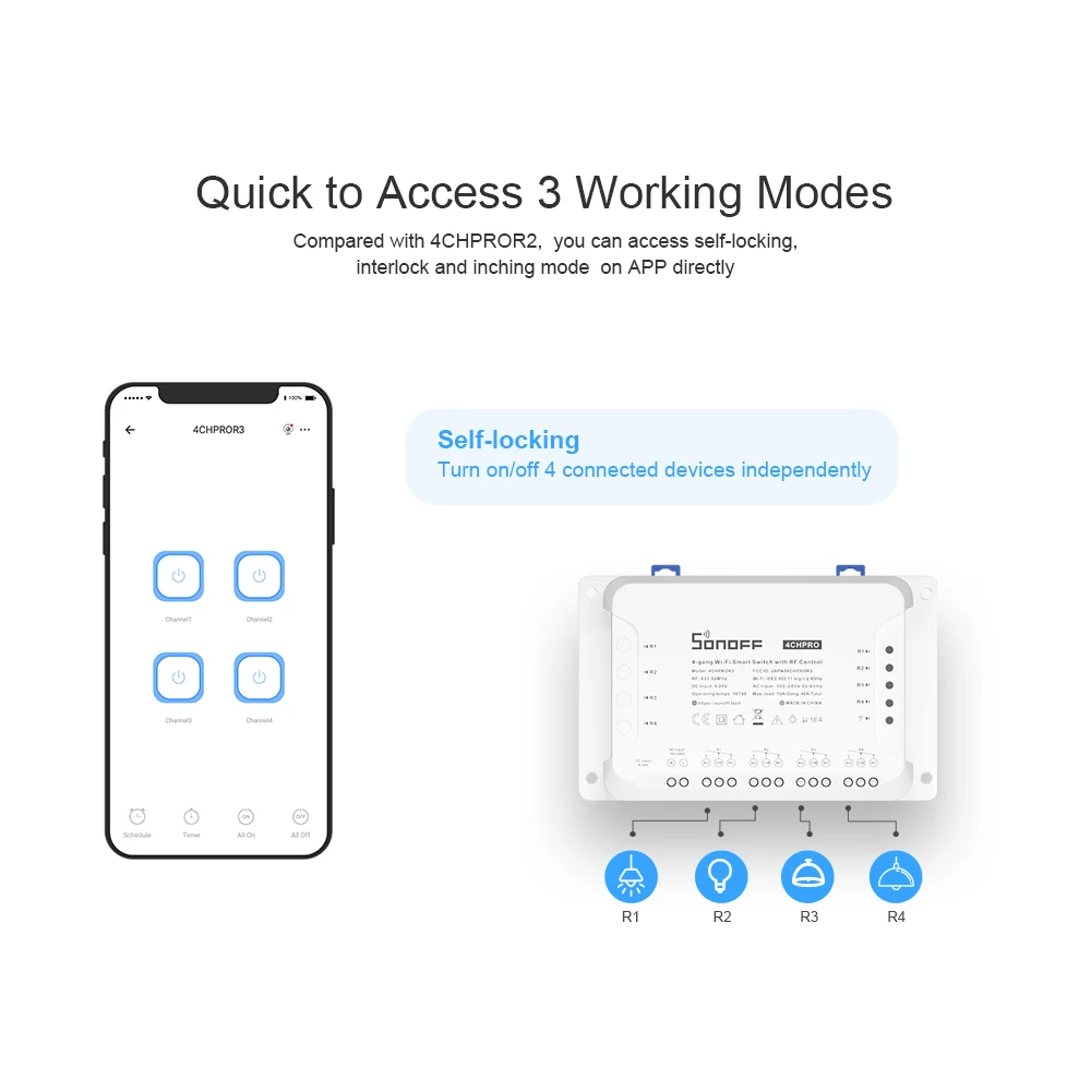 SONOFF 4CHPROR3 4 Gang WiFi Smart Switch 433 MHZ RF Remote Control Smart Module DC & AC Input eWeLink APP Control Support Alexa