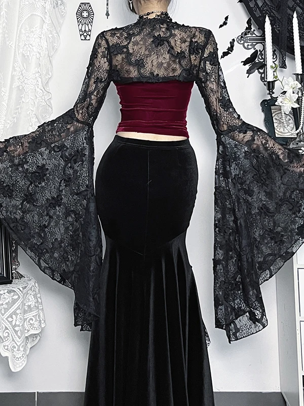 loween Gothic Lace Floral Print Women's Outfit with Fi Tail Skirt And Top Bundle k Sle High Waist Polyester Fiber