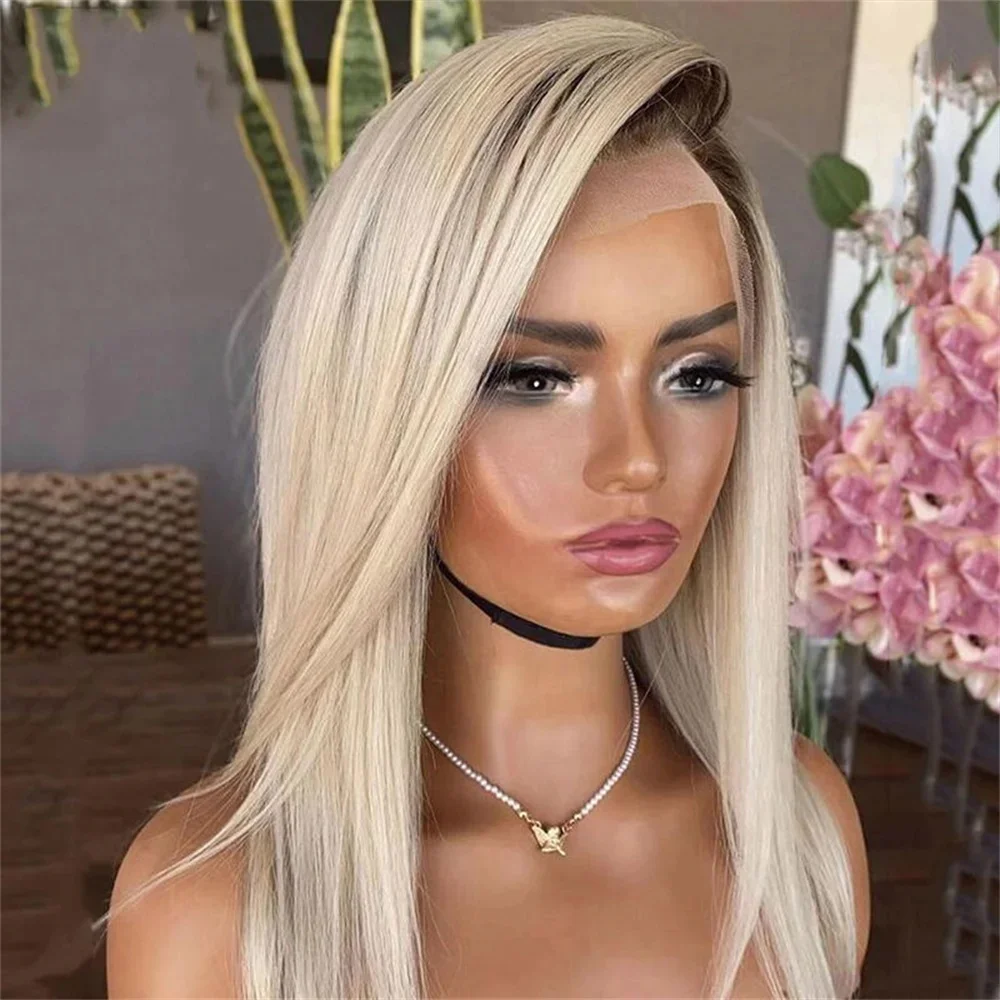 Creamy Blonde Synthetic Lace Top Wigs with Dark roots Not Knotted Straight Bob Soft High Quality Premium Wig For Women Daily Use