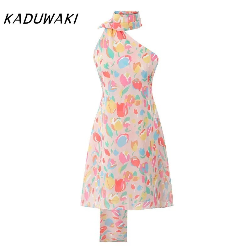 

KADUWAKI New 2025 Women Multicolor Print Asymmetric Shoulder Halter Dress Sexy Backless Holiday Party Mini Dresses Summer Robe