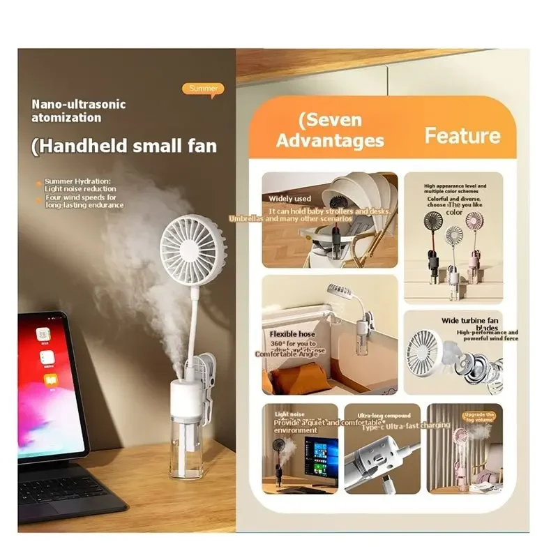 

Clip On Spray Fan Adjustable Usb Rechargeable Handheld Mist Humidifier Cooling Fan Multi Angle Hose For Travel Outdoor Summer