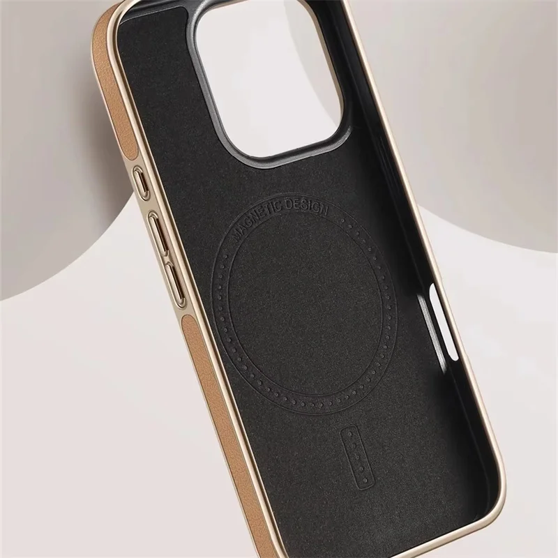 Luxuriöse Plating-Rahmen PU-Lederhülle für iPhone 13 14 15 16 17 18 Pro Max mit Magsafe Magnetischer Drahtloser Ladefunktion Stoßfeste Abdeckung – Detail 6