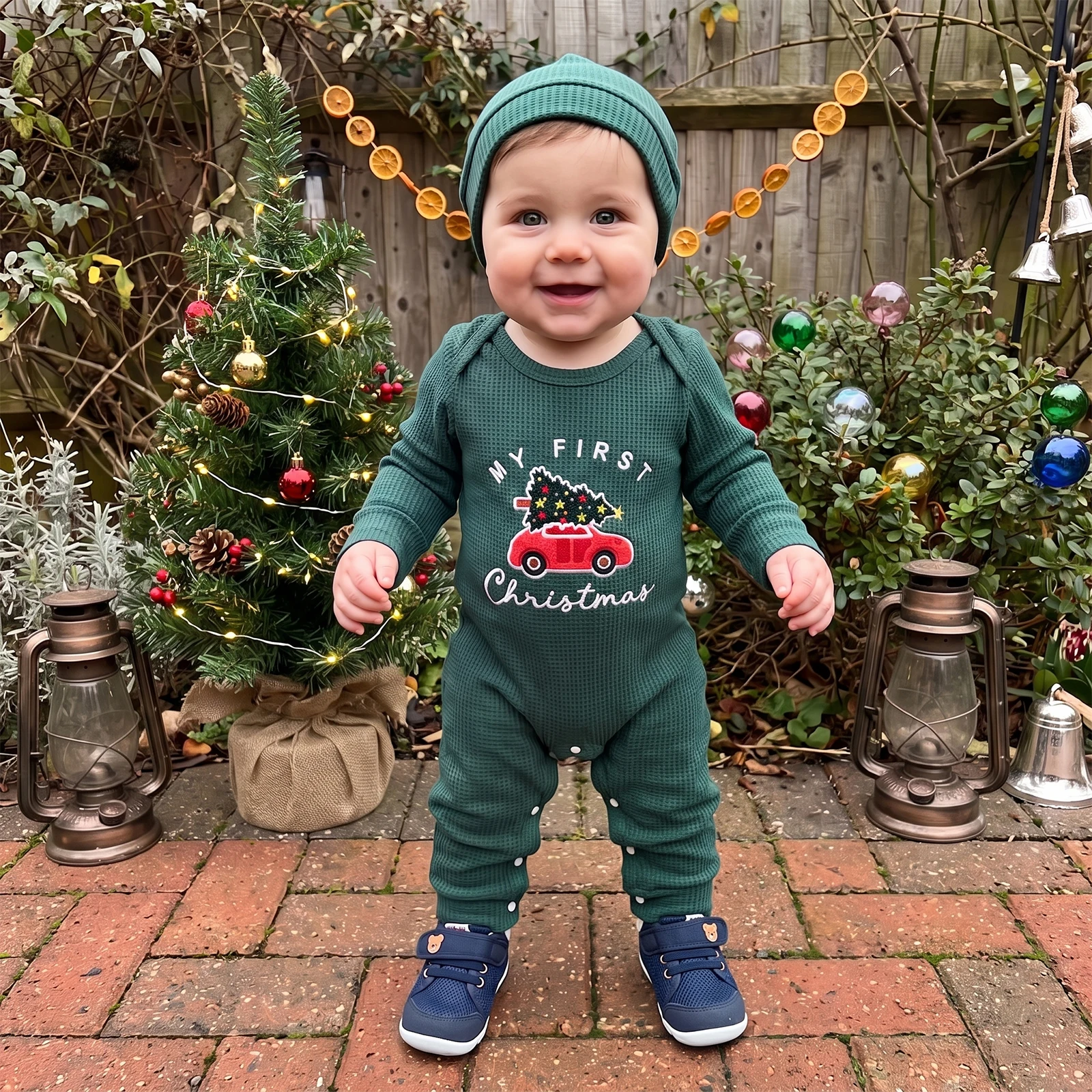 Baby Christmas Outfit Letter Truck Embroidery Long Sleeve Romper and Hat