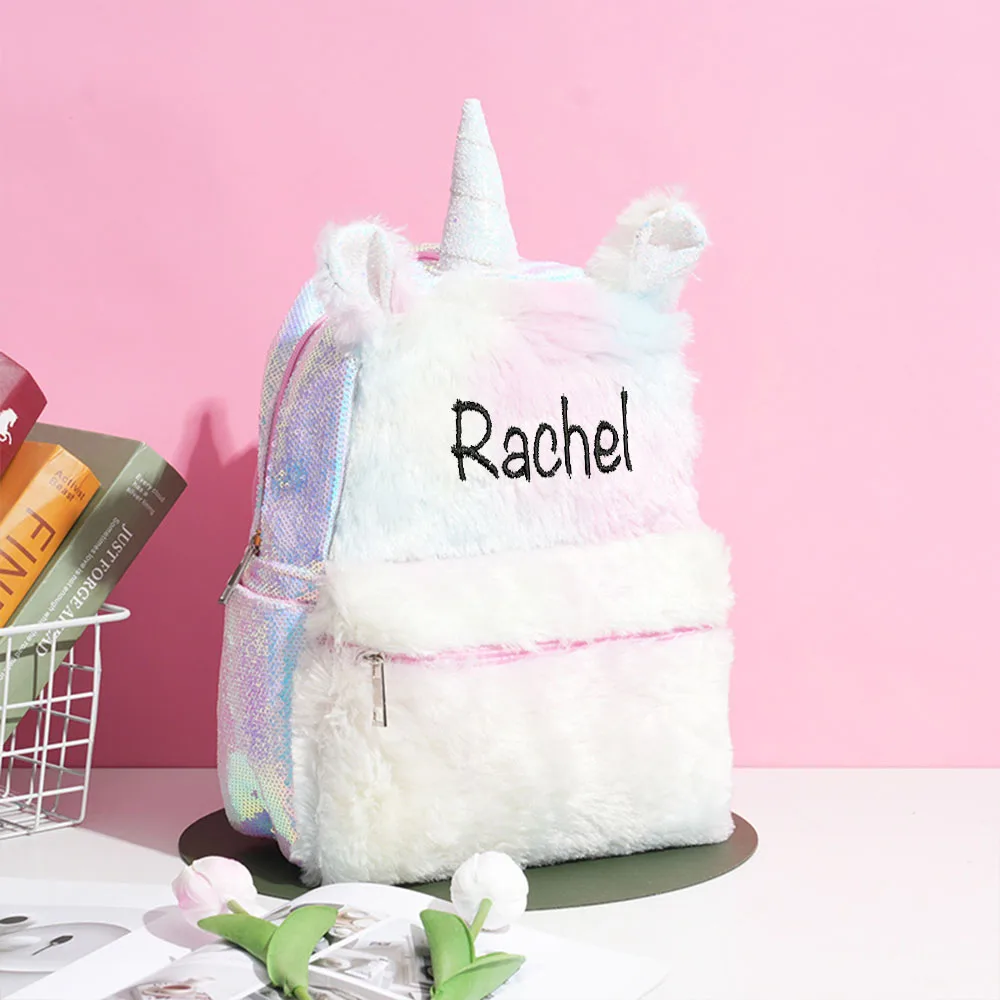 

Customize Any Name New Plush Sequin Girl Backpack Embroidered Cartoon Unicorn Large Capacity Travel Snack Gift Pack