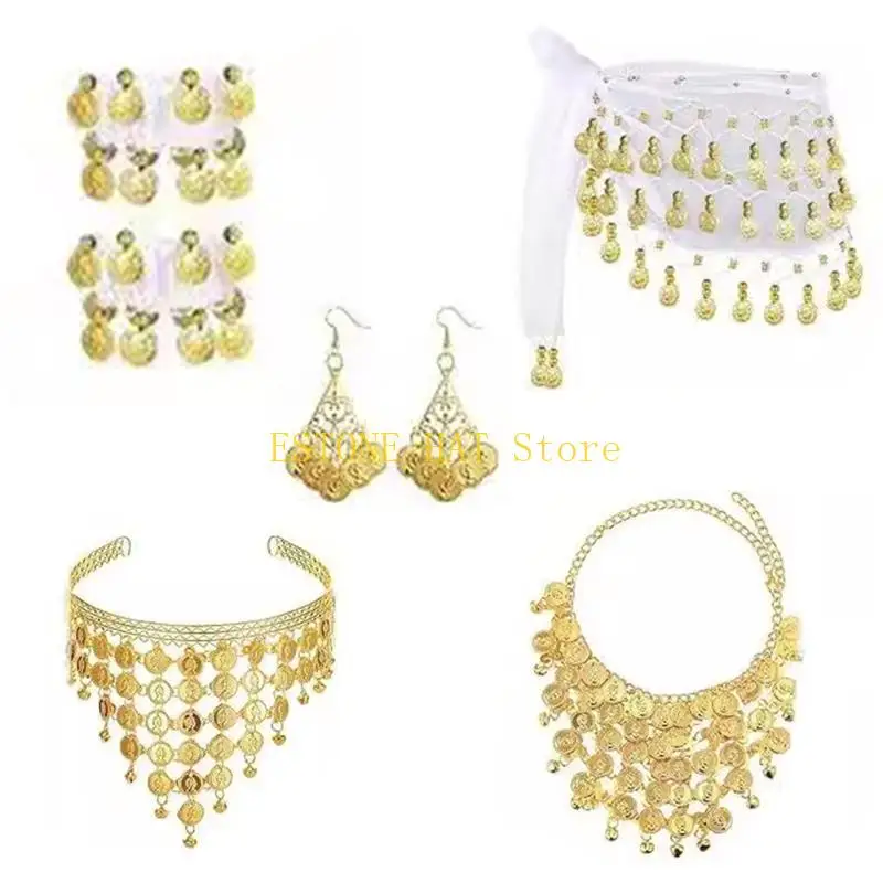 49MF Gypsy Costume Accessories Belly Dance Outfits Hip Scarf Wrap Belt Hip Scarf Bracelet Earrings Belly Dance Jewelry Set