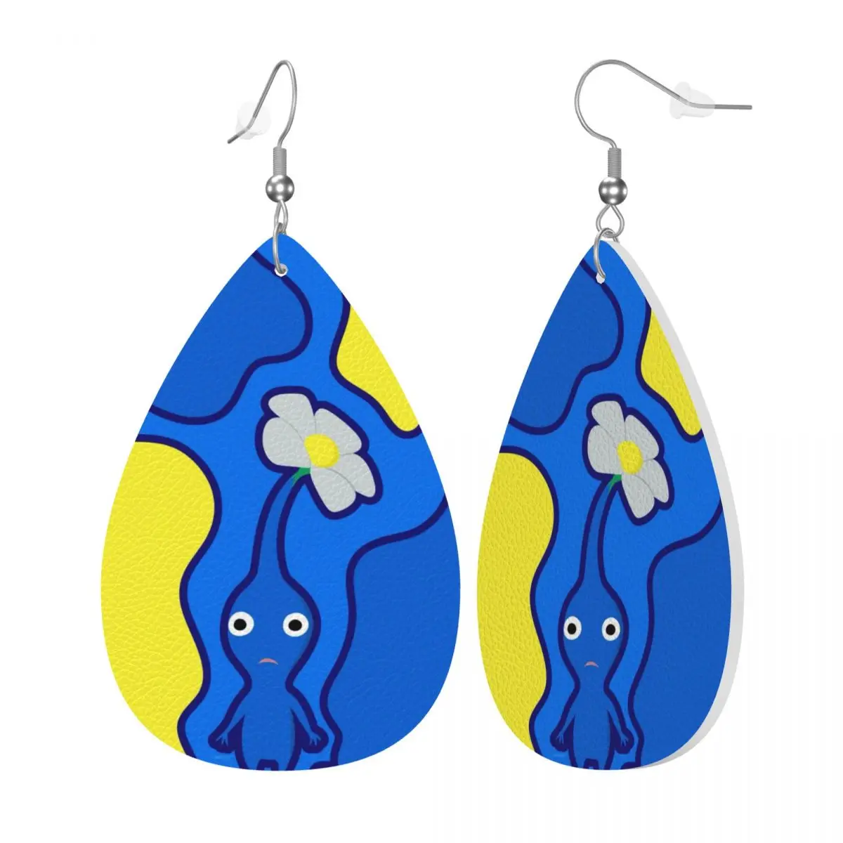 Custom Drop Dangle Earrings Pikmins Blue Wallpaper Leather Teardrop Earrings Video Game PVC Leather for Gifts Dainty Jewelry