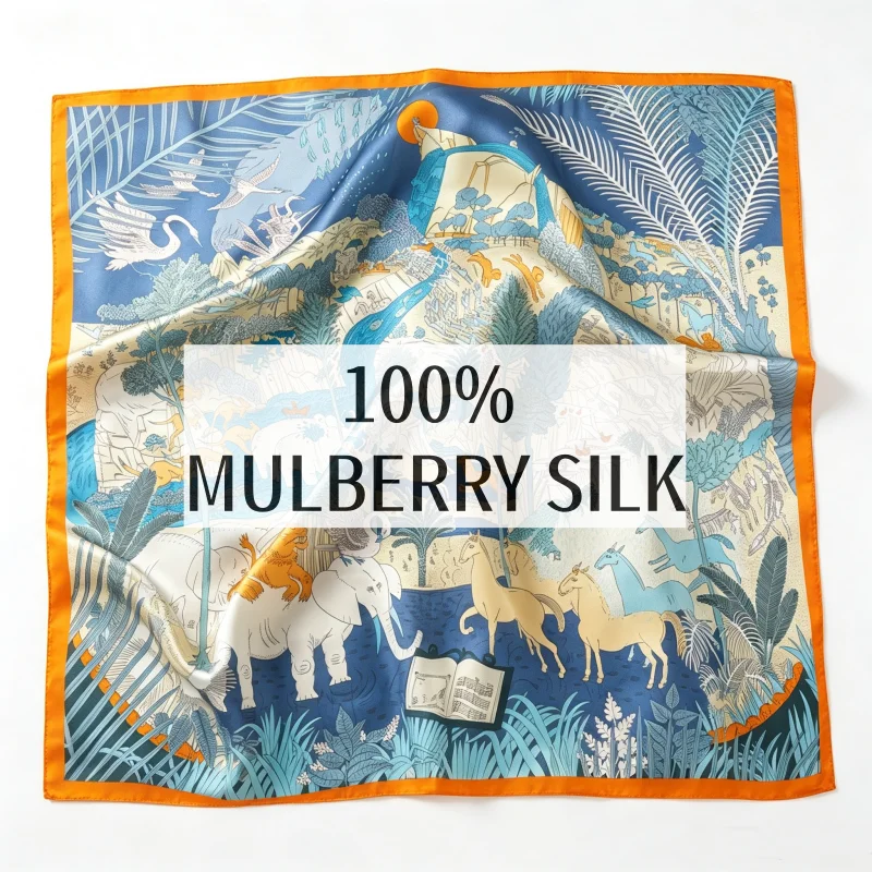 66x66CM 100% MULBERRY SILK Square Scarf Vintage Jungle Animal Print Shawl Orange Blue Border Luxury Neck Scarf Fashion Headscarf