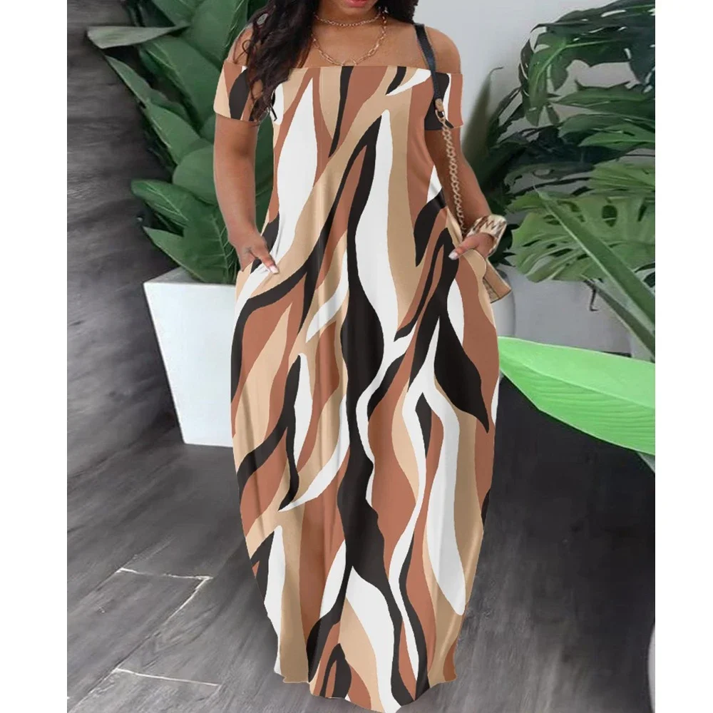 Beach Dress Women Casual Sexy Off Shoulder Slash Collar Dress Loose African Ethnic Style Fashion Print Full Length Dress