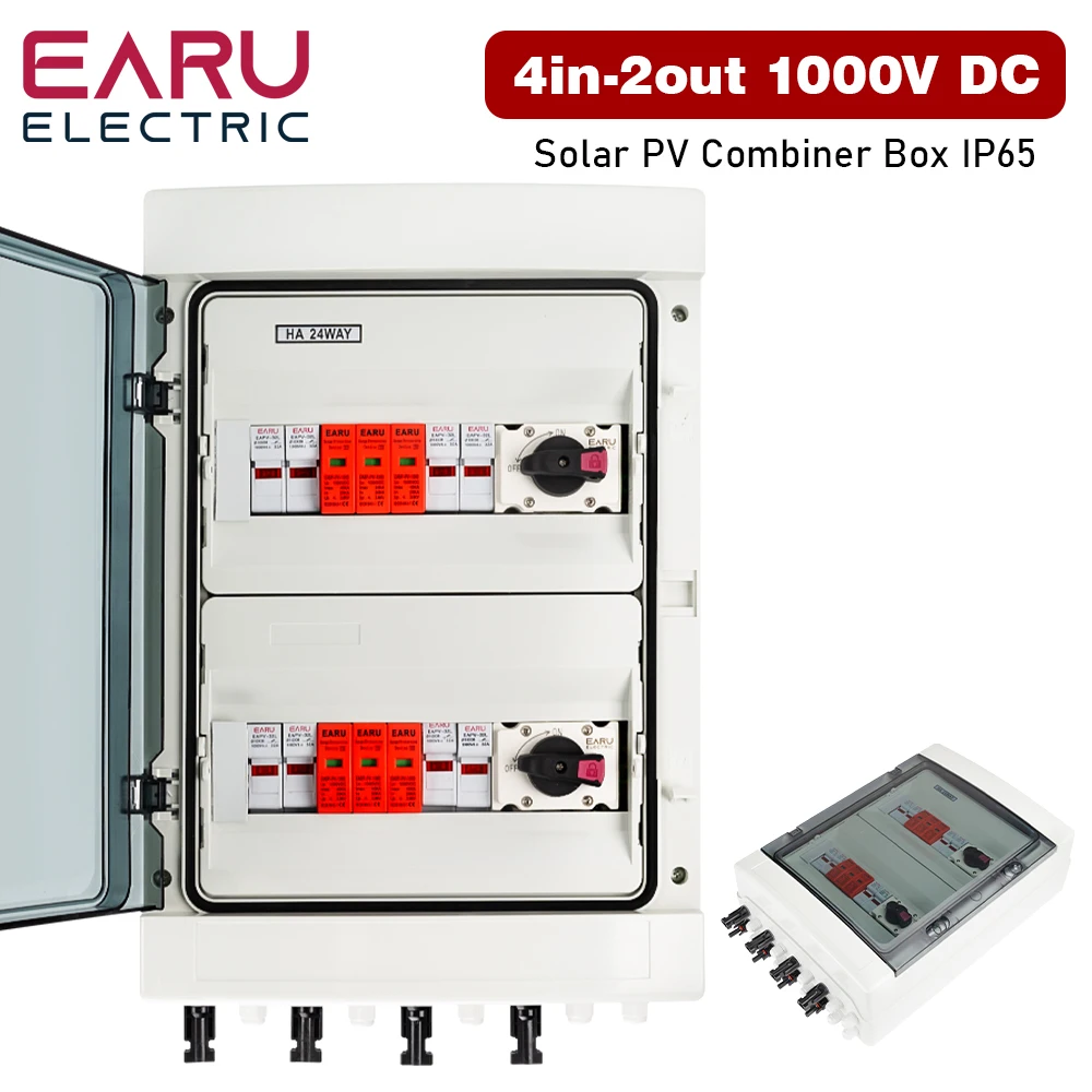 Solar Photovoltaic PV Combiner Box With Lightning Protection 4 Input 2 Out DC 1000V Fuse MCB SPD Waterproof Box IP65 HA 24WAY