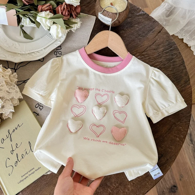 

Girls' 3D Heart Short SleeveTTrendy Sweet Printed Top for Girls Summer New Base Shirtt