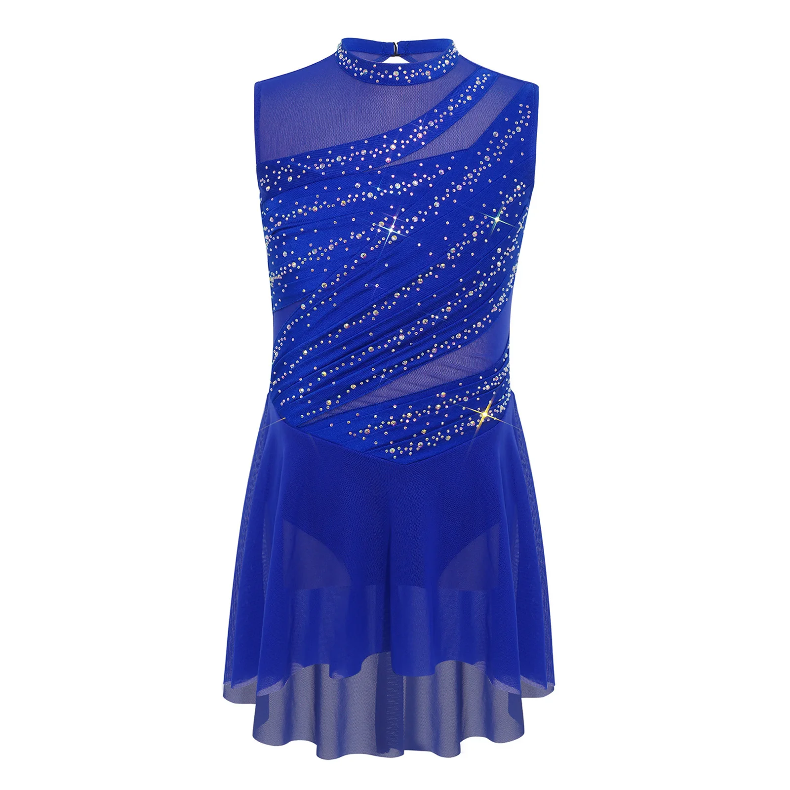 Girls Modern Lyrical Dance Dress Sleeveless Rhinestone Sheer Mesh Figure Skating Gymnastics Acrobatics Leotard Dresses Dancewear