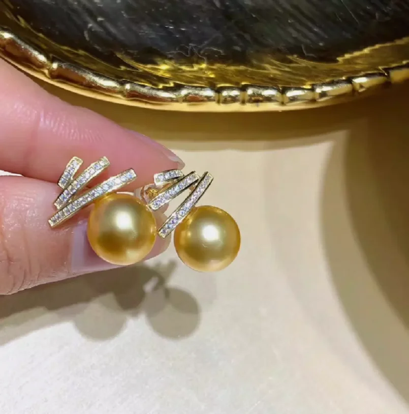 

HUGE AAAA 10-11MM SOUTH SEA GOLDEN ROUND PEARLS EARRINGS 925s